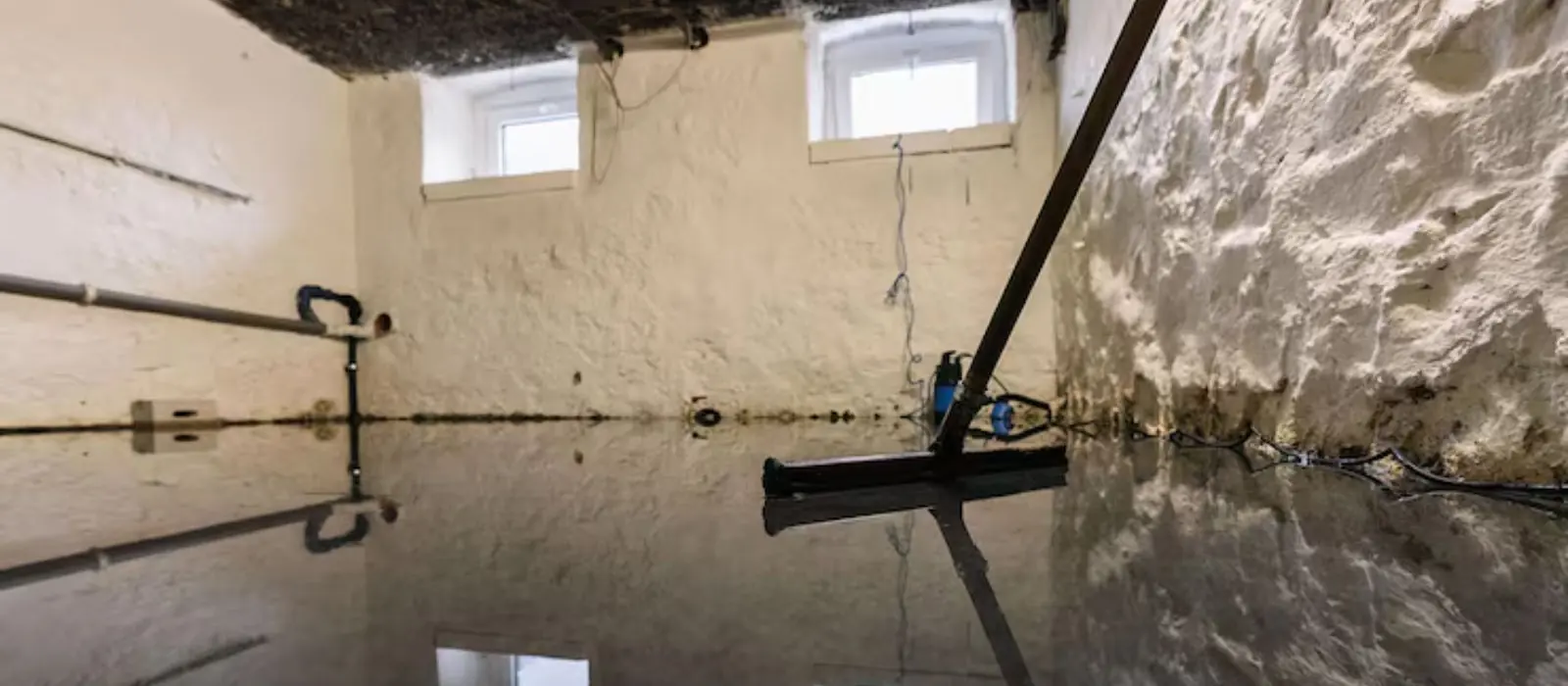 Flooded basement with a squeegee on the wet floor