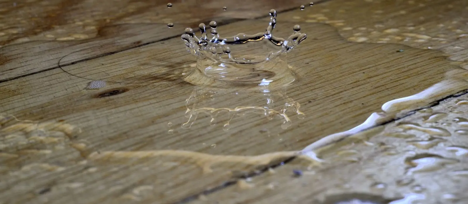 Water pooling on a hardwood floor after a leak