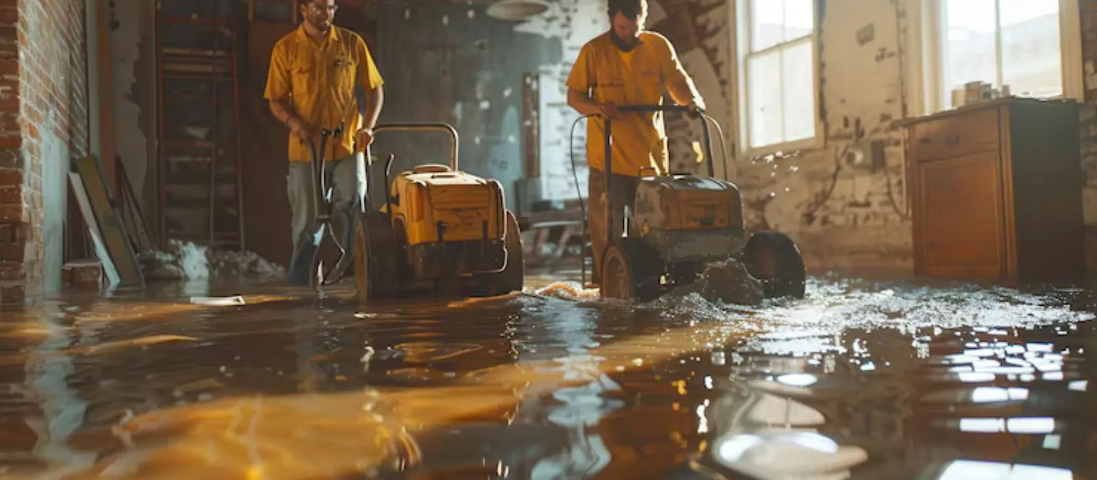 Restoration crew running a floor machine in a water-damaged room