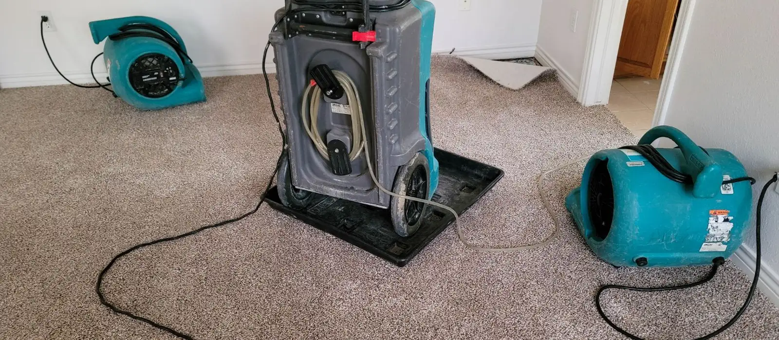 Air movers and a dehumidifier drying a wet room in South Gate, CA